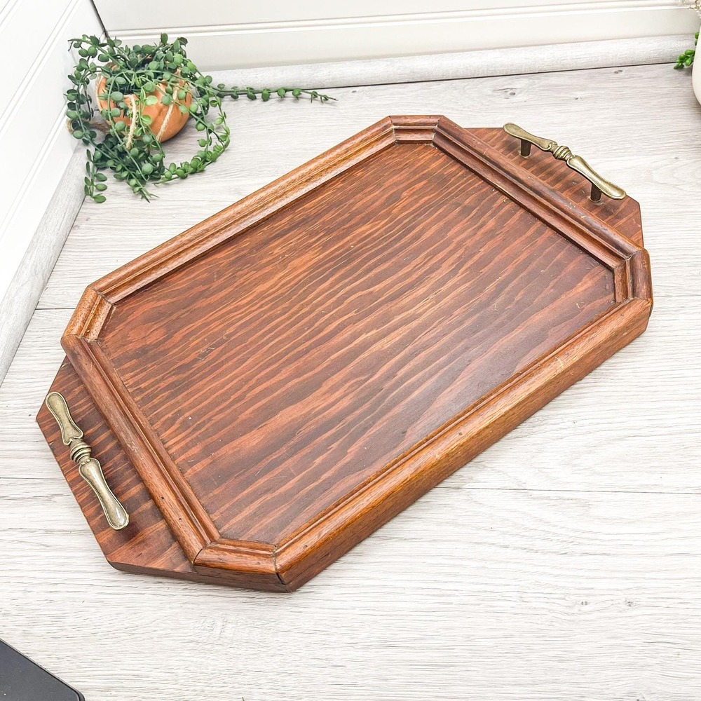 Midcentury Modern Wood Appetizer Tray, Wooden Party Tray with Brass Handles